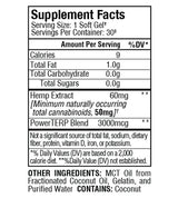 Sunmed CBD Full Spectrum CBD Soft Gel Capsules Supplement Facts label lists each hemp extract soft gel's ingredients, amounts, and nutritional details.