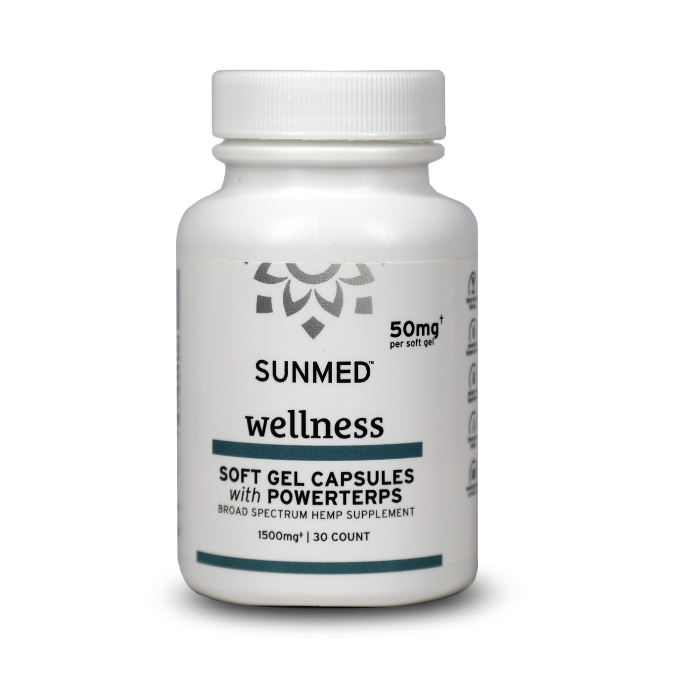 White bottle labeled "Sunmed CBD Broad Spectrum CBD Soft Gel Capsules, 50mg, 30 count." This hemp supplement contains premium broad spectrum CBD extract for daily wellness support.