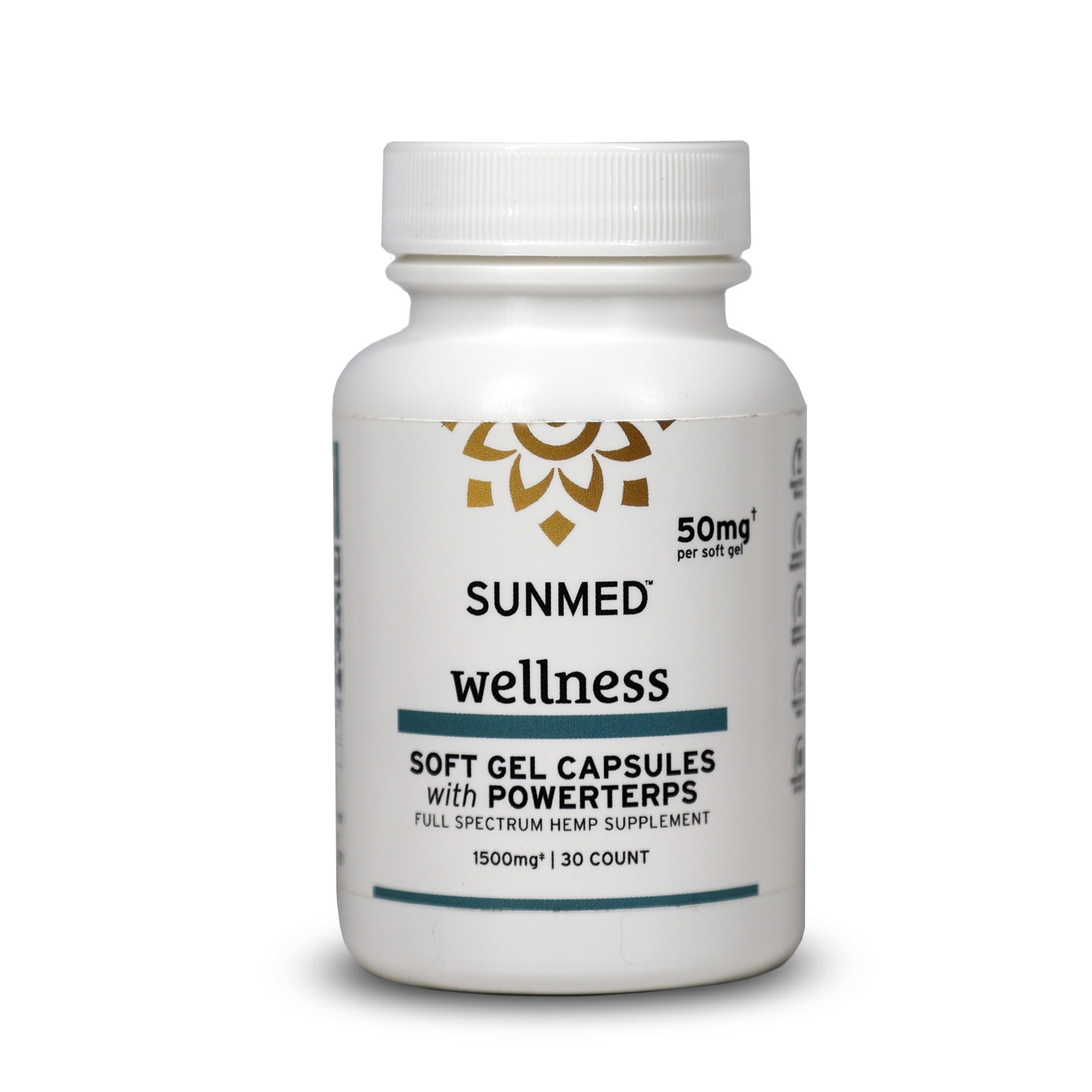 A white bottle labeled "Sunmed CBD Full Spectrum CBD Soft Gel Capsules" contains 30 capsules with a total of 1500mg hemp extract, designed to support your daily wellness routine.