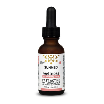 Amber dropper bottle labeled "Sunmed CBD Full Spectrum Wellness CBD Water Soluble, Strawberry Lime, 60mg/2mL, 30mL," crafted with organic hemp for enhanced wellness support.