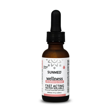 Sunmed CBD Broad Spectrum Wellness CBD Water Soluble, Strawberry Lime, 500mg, 1oz dropper bottle offers fast-acting relief with premium hemp extract in a flavorful formula.