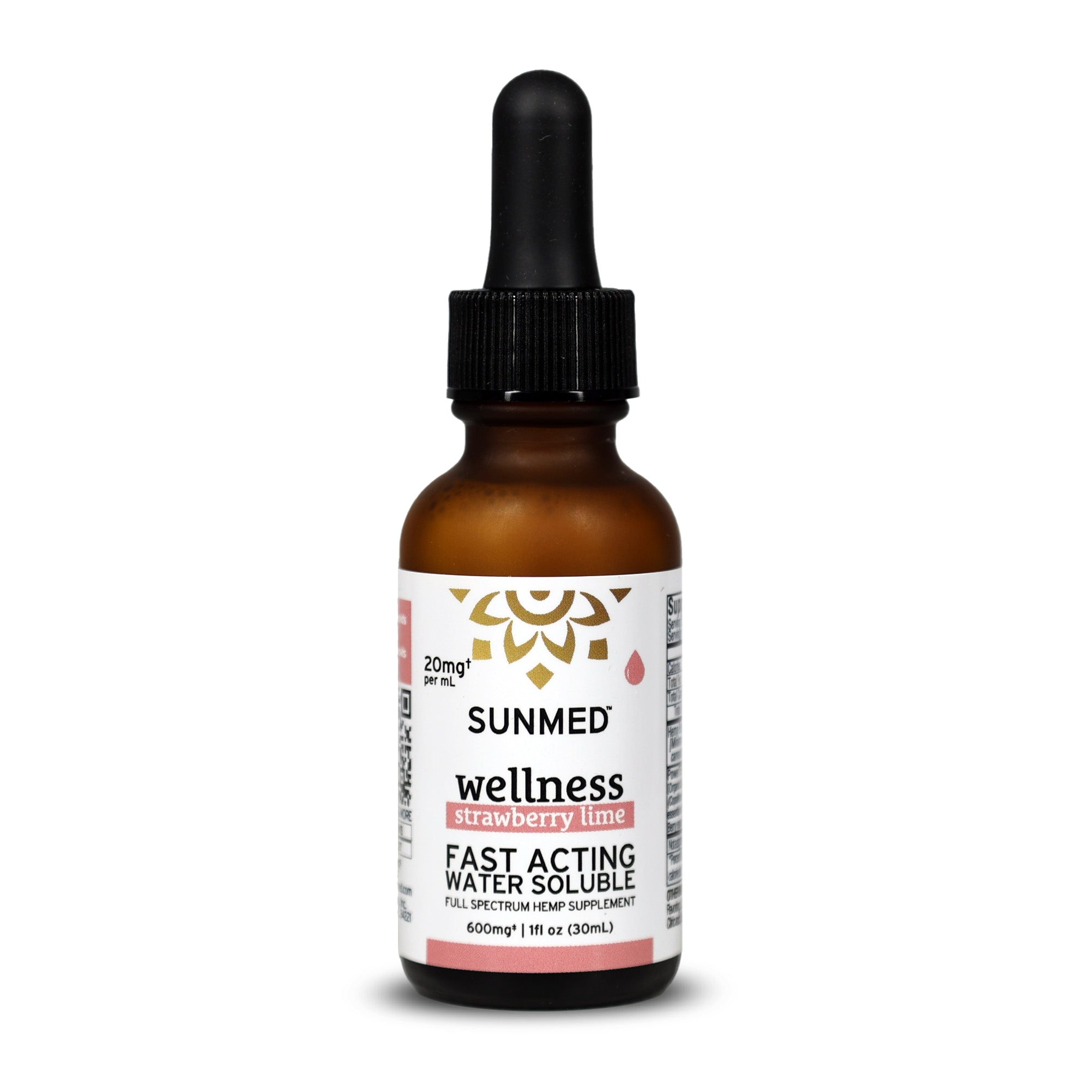 Amber dropper bottle labeled "Sunmed CBD Full Spectrum Wellness CBD Water Soluble, Strawberry Lime, 600mg, 1 fl oz" featuring full spectrum benefits from organic hemp.