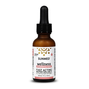 Amber dropper bottle labeled "Sunmed CBD Full Spectrum Wellness CBD Water Soluble, Strawberry Lime, 600mg, 1 fl oz" featuring full spectrum benefits from organic hemp.