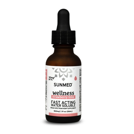 A bottle of Sunmed CBD Broad Spectrum Wellness CBD Water Soluble, strawberry lime flavor, with a dropper cap.