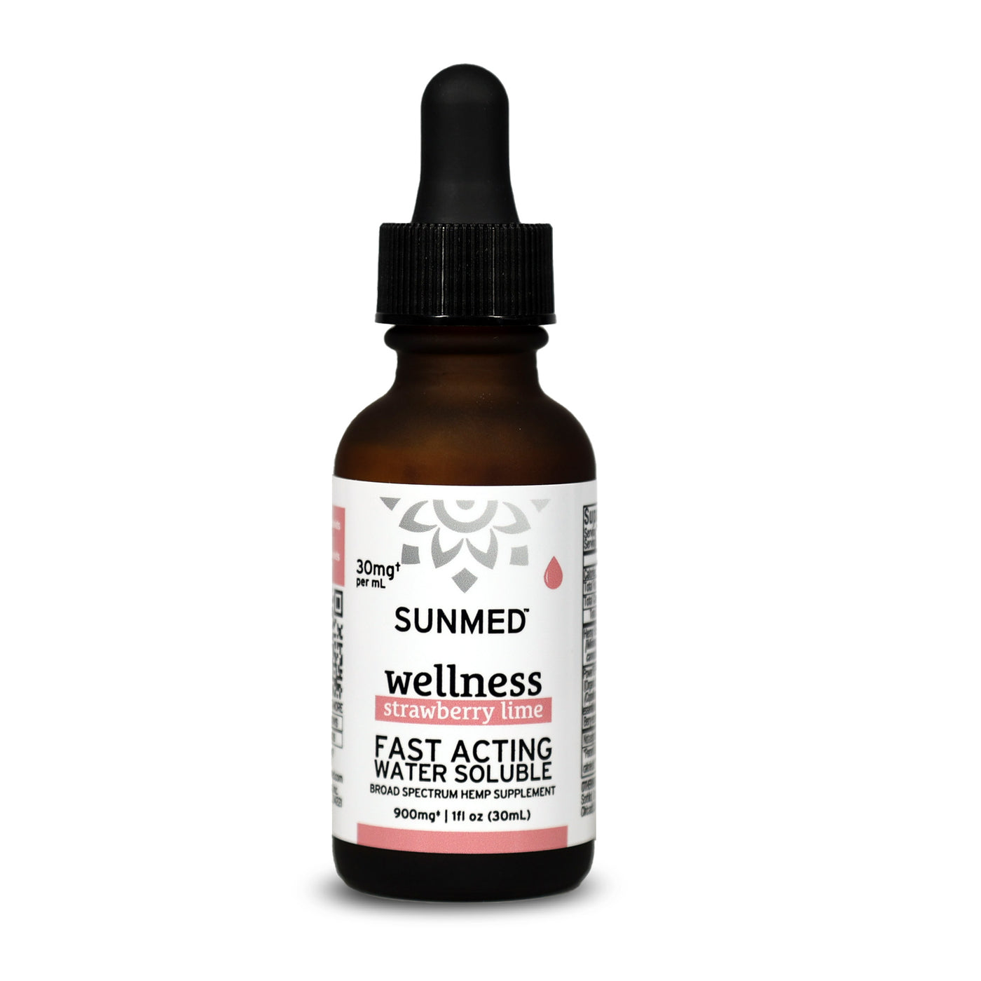 A bottle of Sunmed CBD Broad Spectrum Wellness CBD Water Soluble, strawberry lime flavor, with a dropper cap.