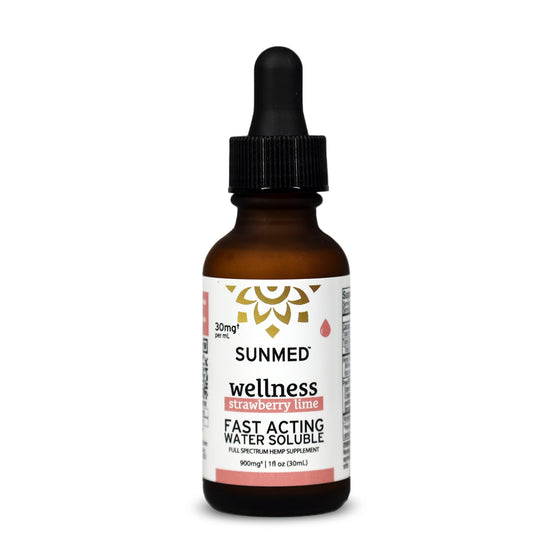 A bottle of Sunmed CBD Full Spectrum Wellness CBD Water Soluble in strawberry lime, with a dropper cap, made from organic hemp for a full spectrum experience.