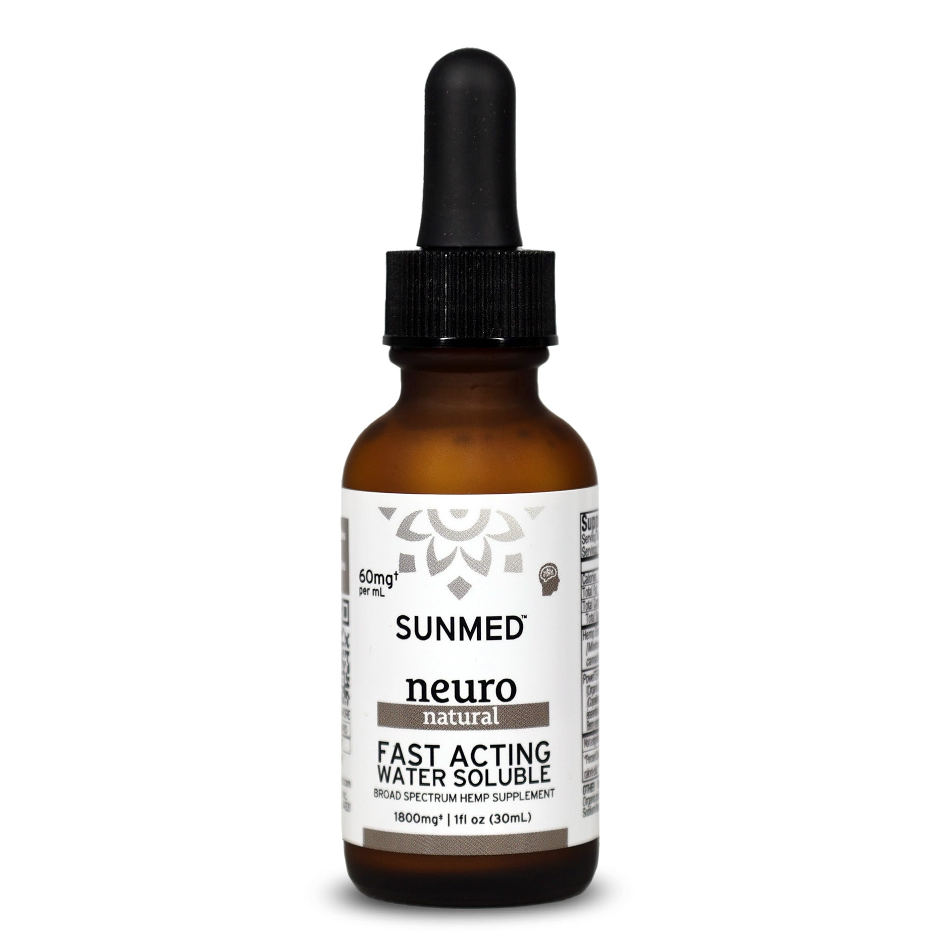 A brown dropper bottle labeled "Sunmed CBD Broad Spectrum Wellness CBD Water Soluble," featuring premium hemp extract for fast-acting relief.