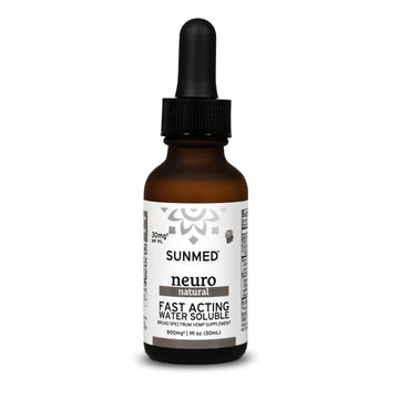 A 30ml bottle of Sunmed CBD Broad Spectrum Wellness CBD Water Soluble, 900mg, crafted with premium hemp extract for fast-acting relief.