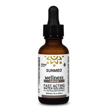 Amber dropper bottle labeled "Sunmed CBD Full Spectrum Wellness CBD Water Soluble," featuring a water soluble formula for rapid absorption and the benefits of full spectrum hemp.
