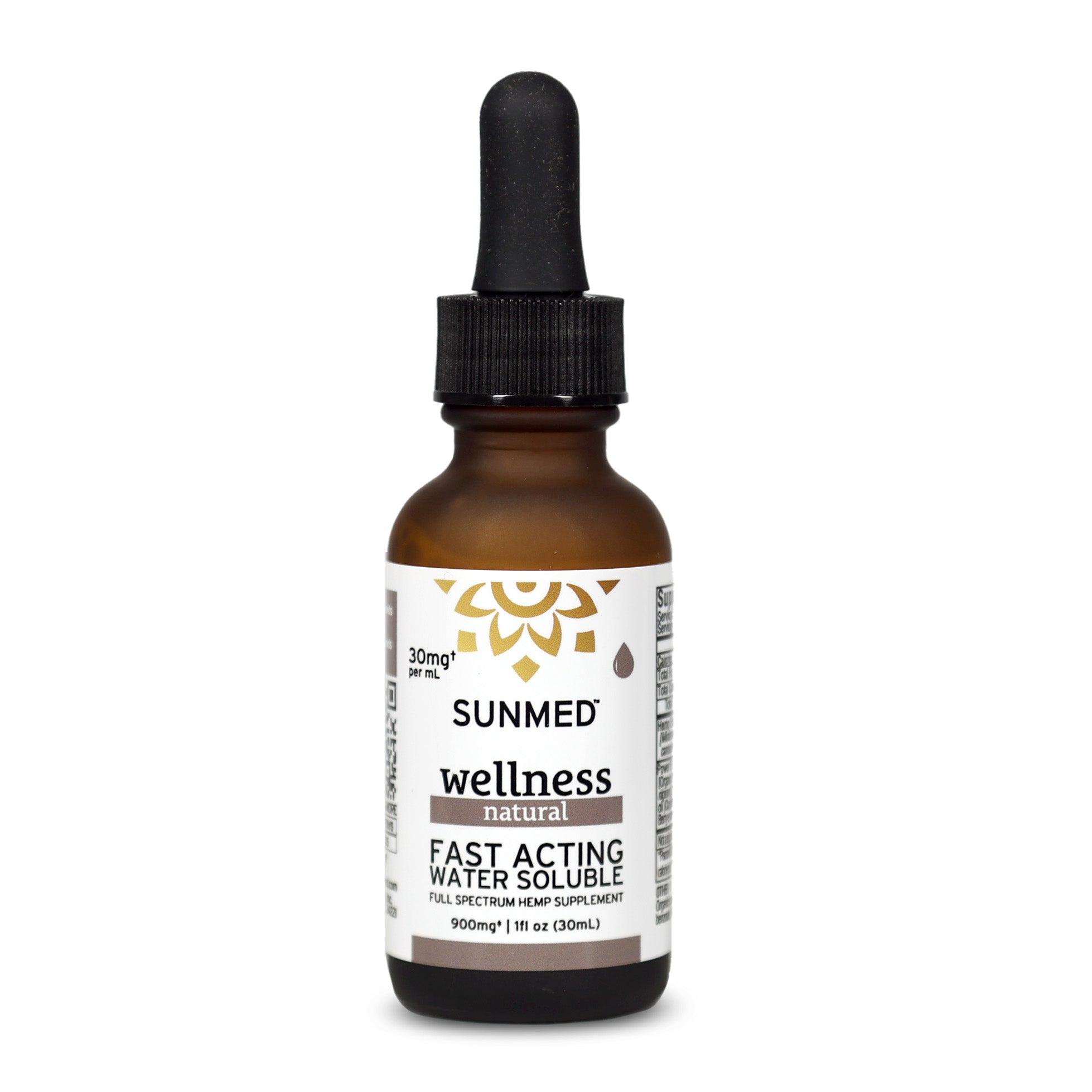 A 1 fl oz (30mL) dropper bottle labeled "Sunmed CBD Full Spectrum Wellness CBD Water Soluble, 900mg, fast acting, natural.