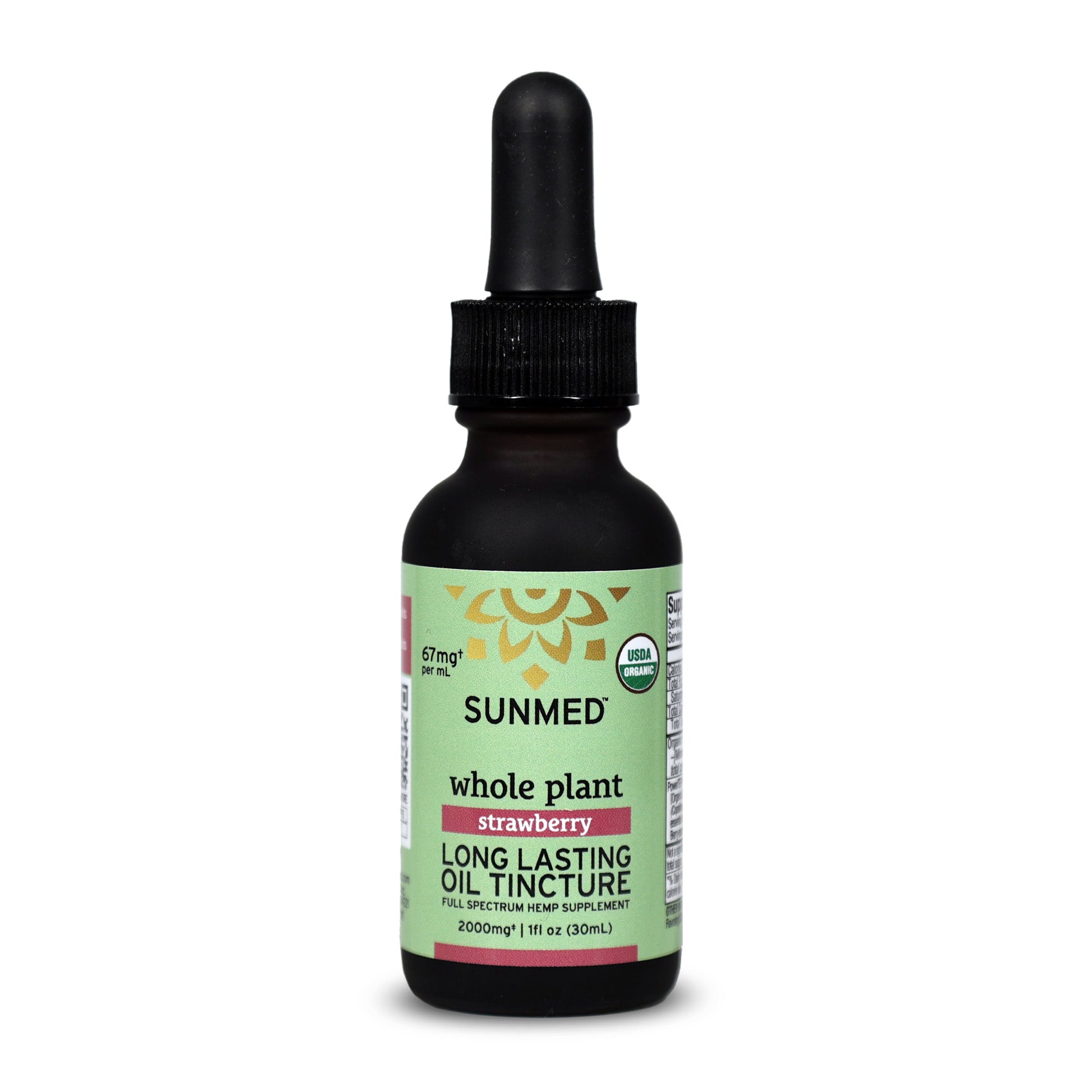 A bottle of Sunmed CBD Whole Plant Organic Full Spectrum CBD Tincture with dropper cap, designed as a premium hemp supplement for daily use.