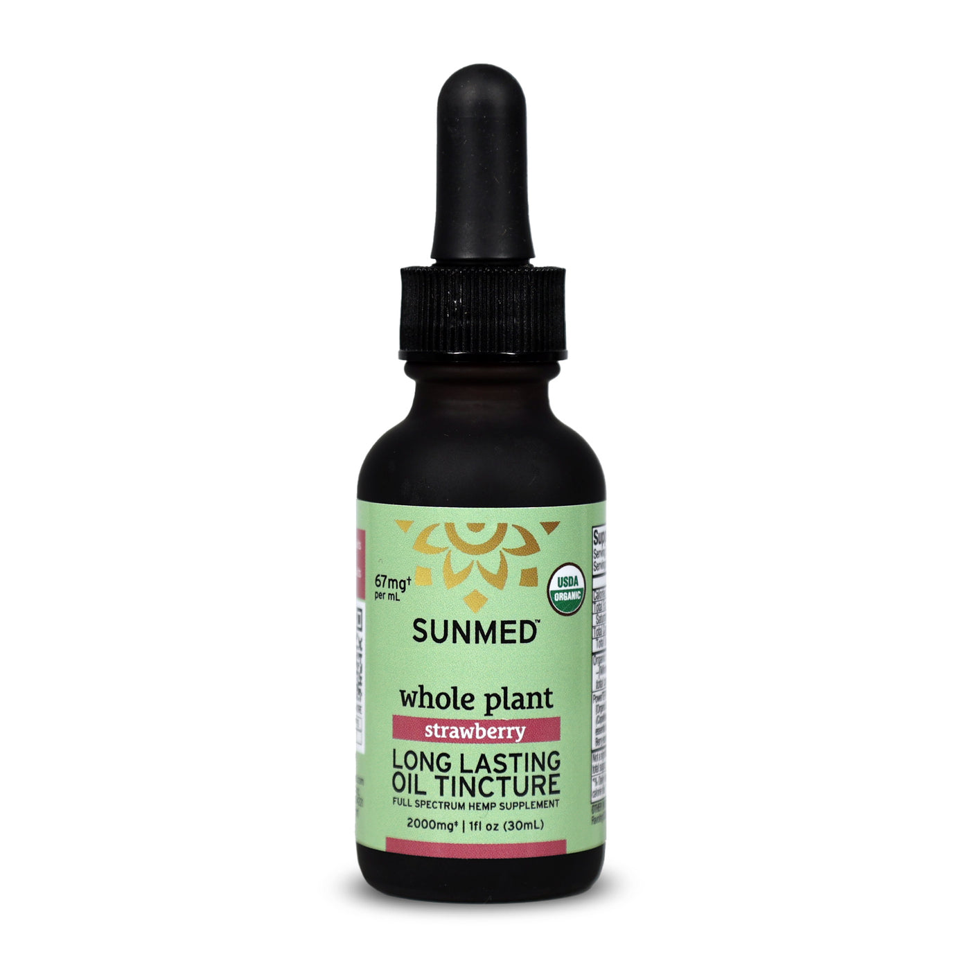A bottle of Sunmed CBD Whole Plant Organic Full Spectrum CBD Tincture with dropper cap, designed as a premium hemp supplement for daily use.