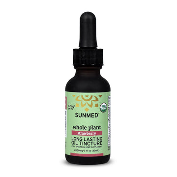 A bottle of Sunmed CBD Whole Plant Organic Full Spectrum CBD Tincture with dropper cap, designed as a premium hemp supplement for daily use.
