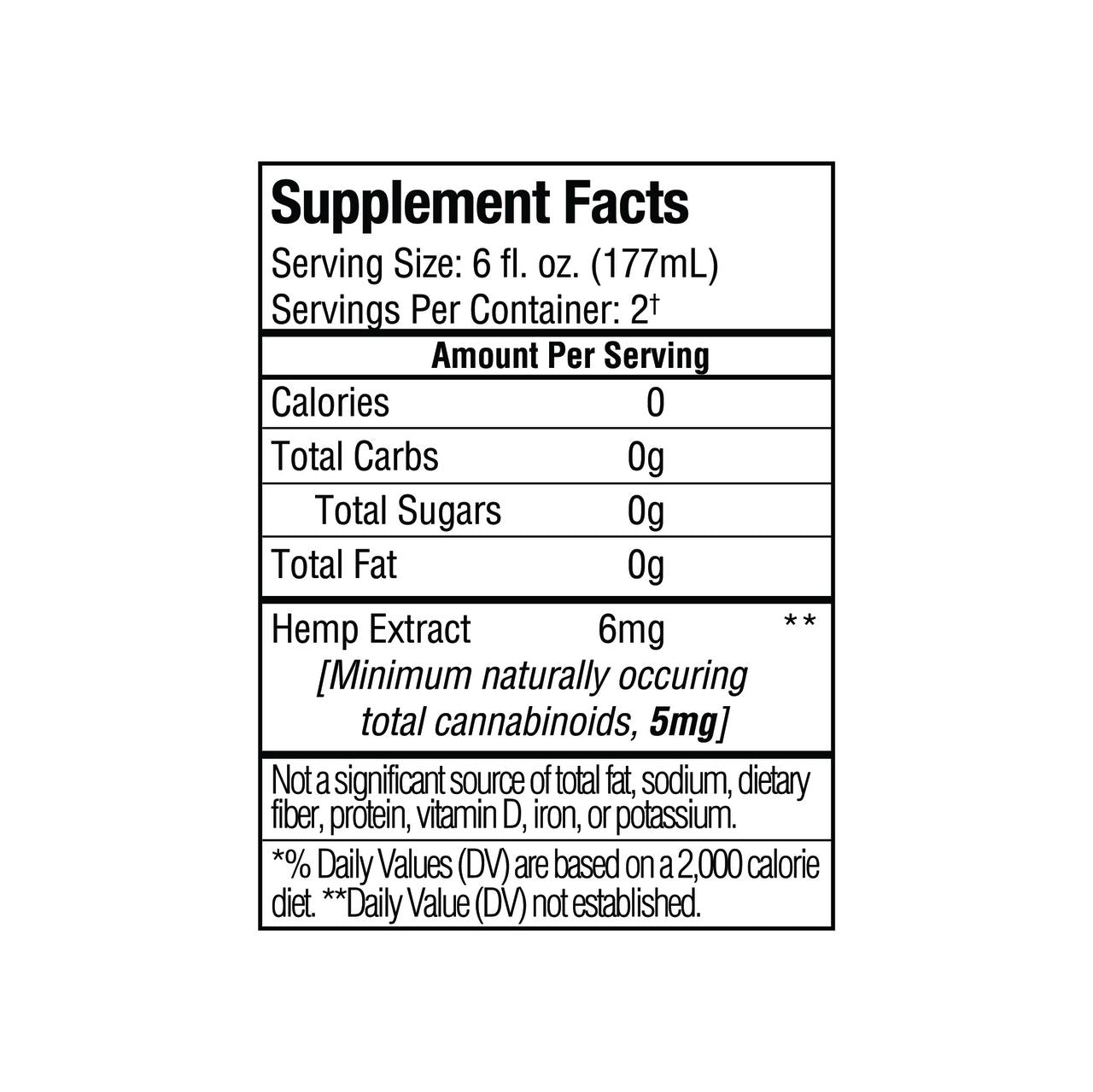 Supplement facts for Sunmed CBD Sunset Daze Delta 9 THC Seltzer Strawberry Lemonade 24-Pack: 0 calories, 0g fat, 0g carbs, and 6mg hemp extract per serving.