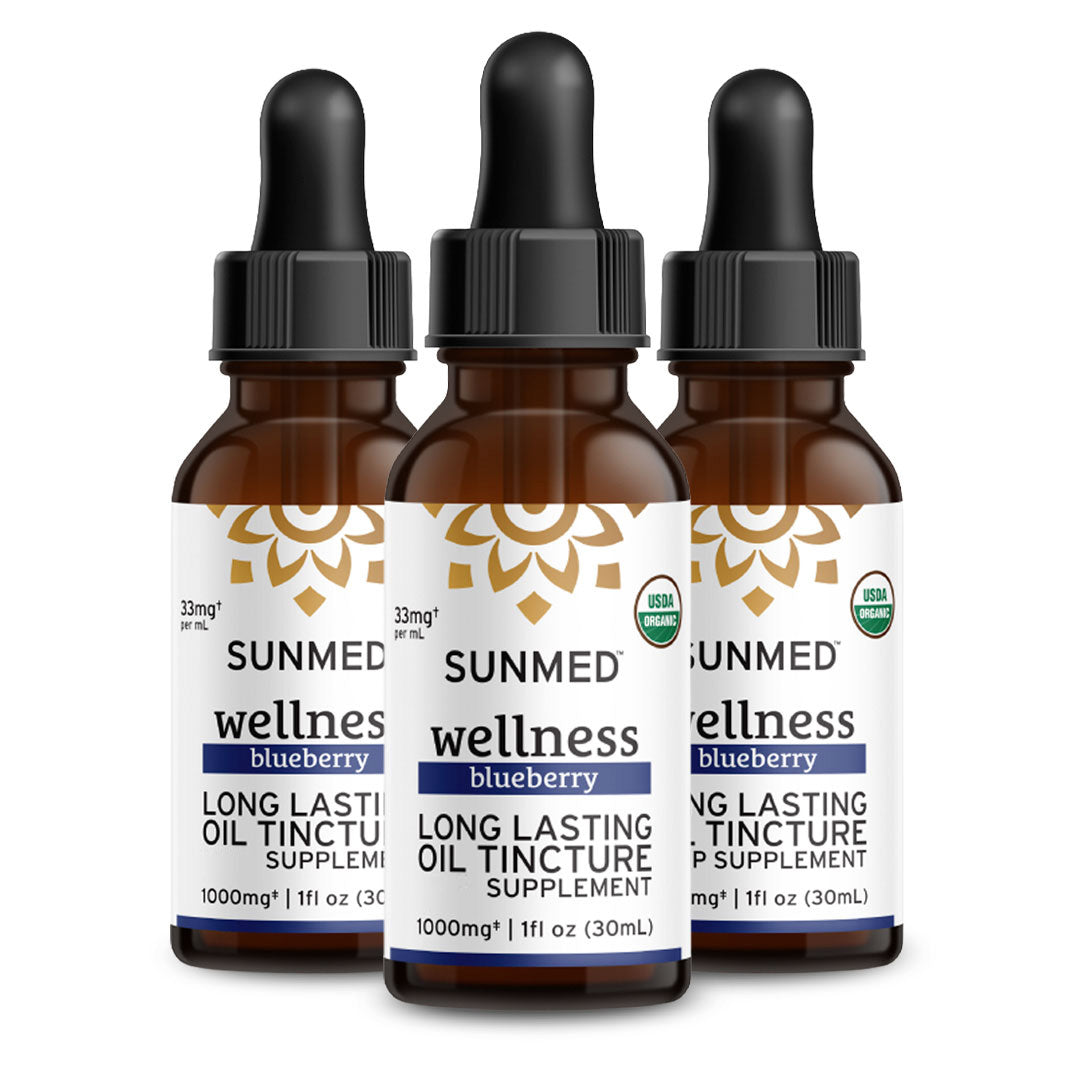 Three bottles of Sunmed CBD *30% Off* - 1000mg Full Profile Tincture 3-Pack, each containing 1 fl oz (30mL).
