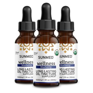 Three bottles of Sunmed CBD *30% Off* - 1000mg Full Profile Tincture 3-Pack, each containing 1 fl oz (30mL).
