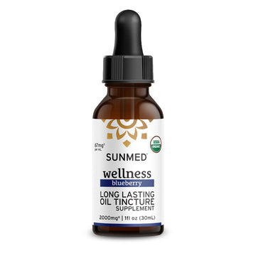 A brown dropper bottle labeled “Sunmed CBD *15% Off* - 2000mg Full Profile Tincture, 1 fl oz”.