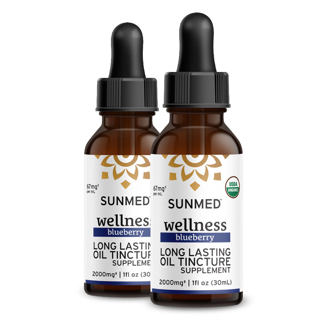 Two brown glass bottles of Sunmed CBD’s *20% Off* - 2000mg Full Profile Tincture 2-Pack, each with a black dropper and a white label.
