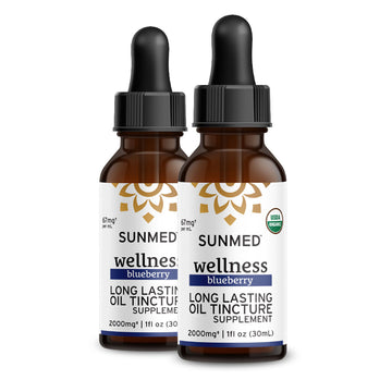 Two brown glass bottles of Sunmed CBD’s *20% Off* - 2000mg Full Profile Tincture 2-Pack, each with a black dropper and a white label.