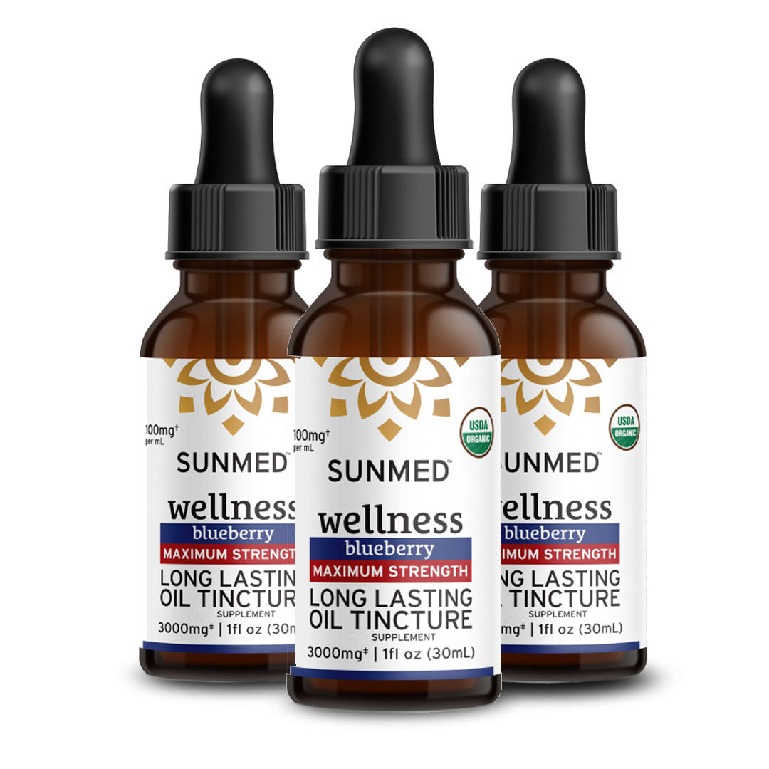 Three bottles of Sunmed CBD *30% Off* - 2000mg Full Profile Tincture 3-Pack with droppers, each labeled 2000mg.