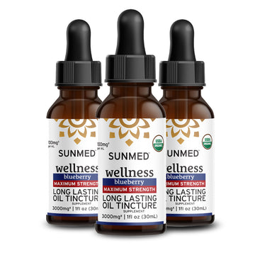 Three bottles of Sunmed CBD *30% Off* - 2000mg Full Profile Tincture 3-Pack with droppers, each labeled 2000mg.