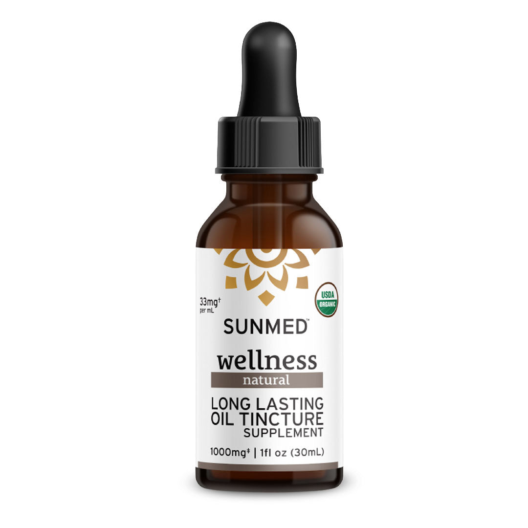 A brown dropper bottle labeled “Sunmed CBD *15% Off* - 1000mg Full Profile Tincture.”.