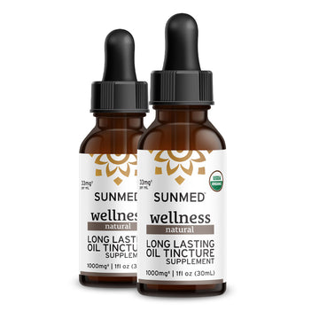 Two brown dropper bottles labeled Sunmed CBD *20% Off* - 1000mg Full Profile Tincture 2-Pack, 1 fl oz each.