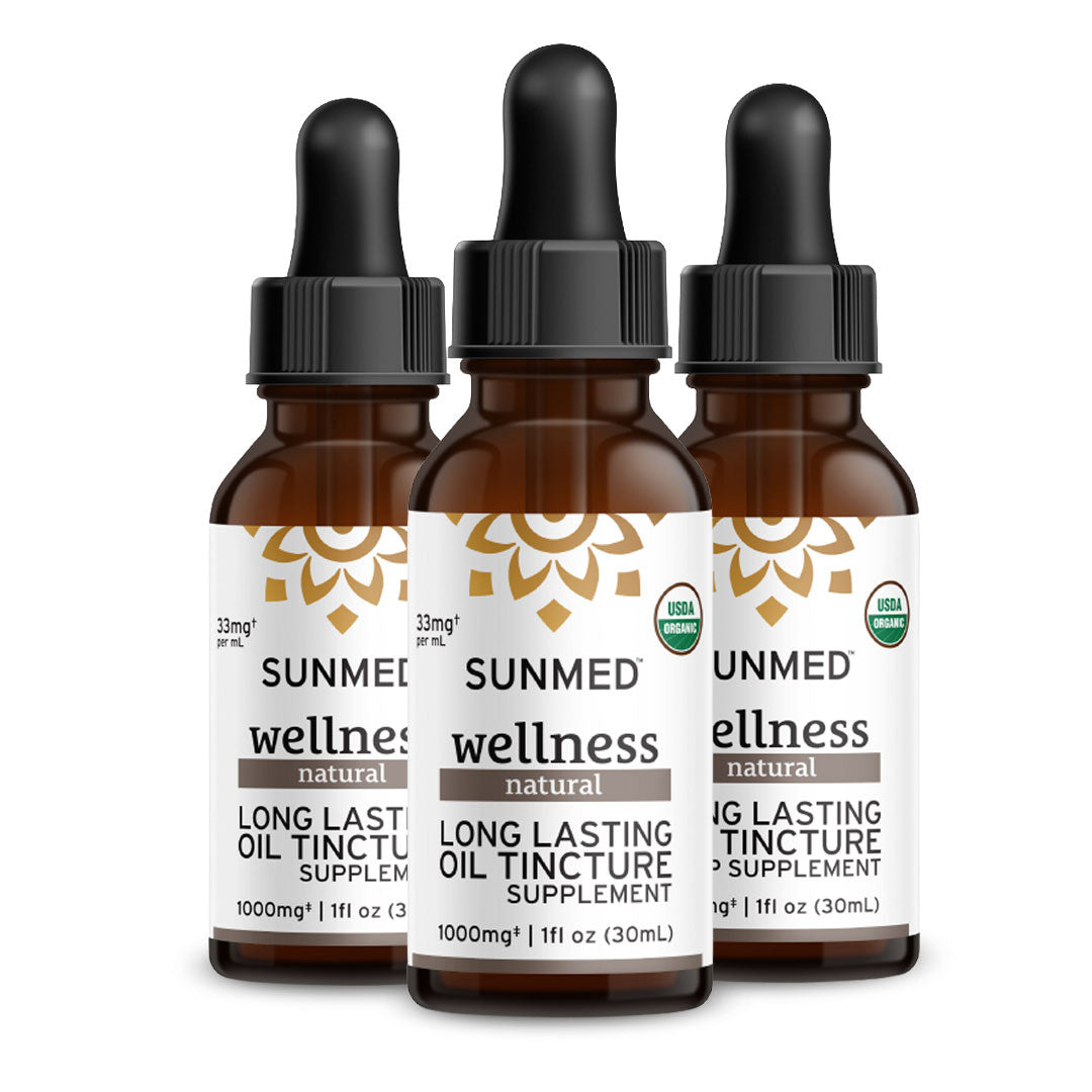 Three brown dropper bottles of Sunmed CBD *30% Off* - 1000mg Full Profile Tincture 3-Pack, 1 fl oz each.