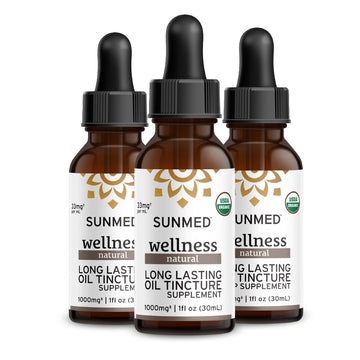 Three brown dropper bottles of Sunmed CBD *30% Off* - 1000mg Full Profile Tincture 3-Pack, 1 fl oz each.