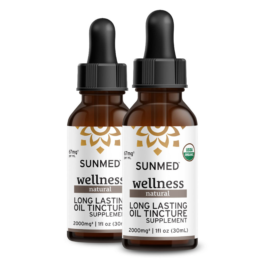 Two brown dropper bottles labeled “Sunmed CBD 2000mg Full Profile Tincture 2-Pack” with a “20% Off” promotion.