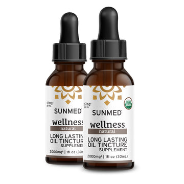 Two brown dropper bottles labeled “Sunmed CBD 2000mg Full Profile Tincture 2-Pack” with a “20% Off” promotion.