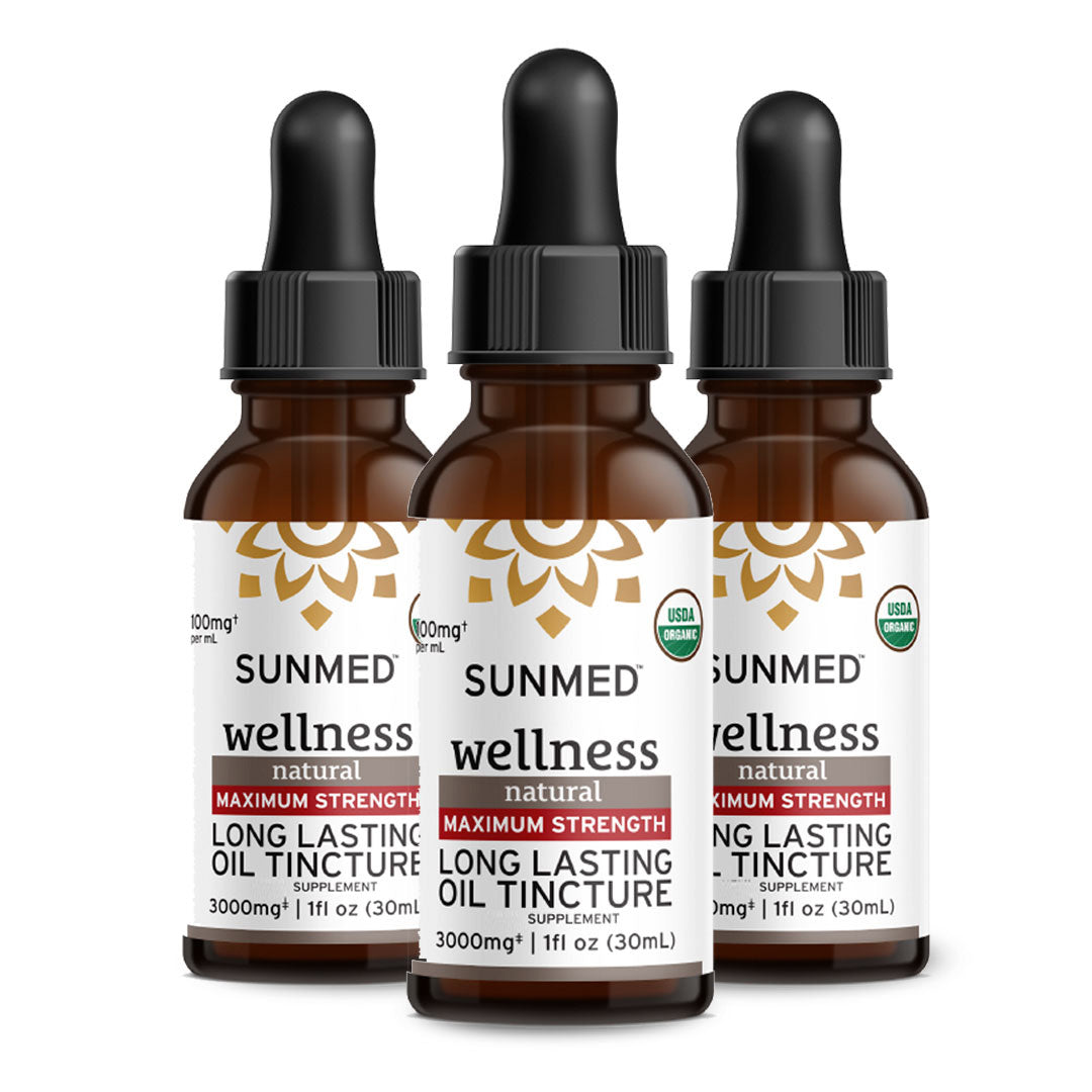 Three bottles of Sunmed CBD *30% Off* - 2000mg Full Profile Tincture (3-pack), each with a dropper cap.