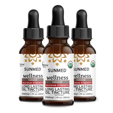 Three bottles of Sunmed CBD *30% Off* - 2000mg Full Profile Tincture (3-pack), each with a dropper cap.