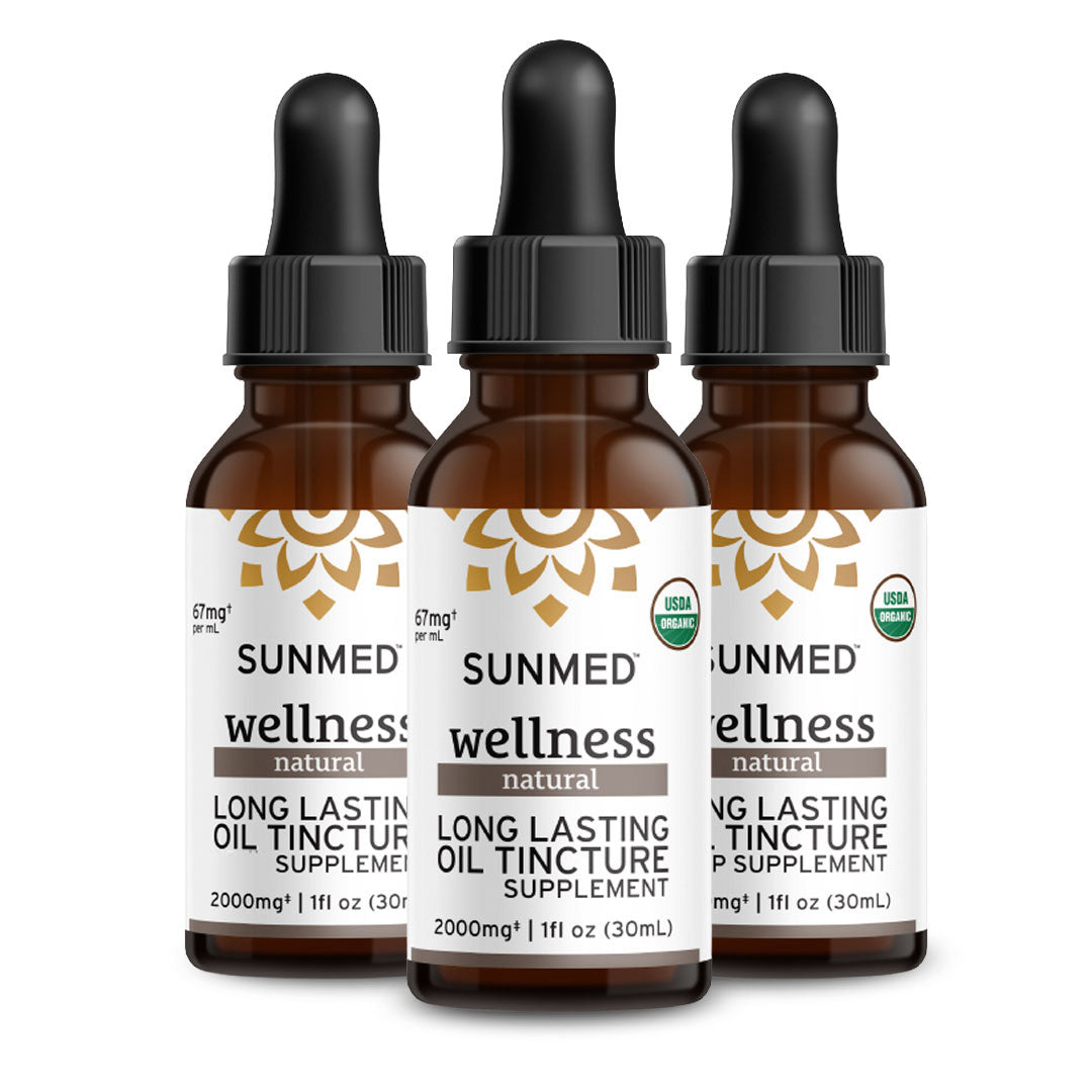 Three brown glass bottles of Sunmed CBD *30% Off* - 2000mg Full Profile Tincture 3-Pack, each with a dropper cap and front label visible.