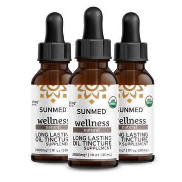 Three brown glass bottles of Sunmed CBD *30% Off* - 2000mg Full Profile Tincture 3-Pack, each with a dropper cap and front label visible.
