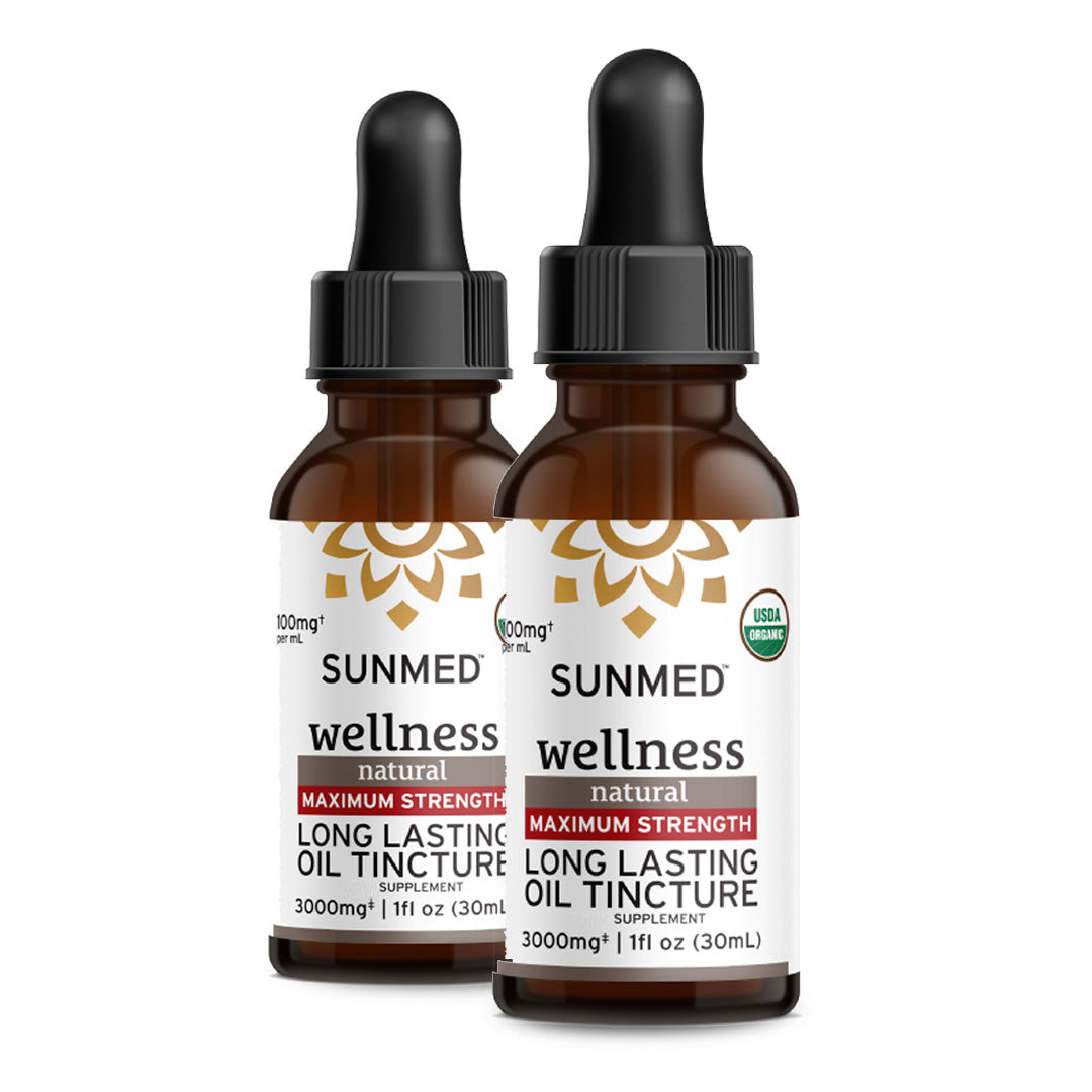Two brown dropper bottles labeled “Sunmed CBD 3000mg Full Profile Tincture 2-Pack (*20% Off*)” are shown.