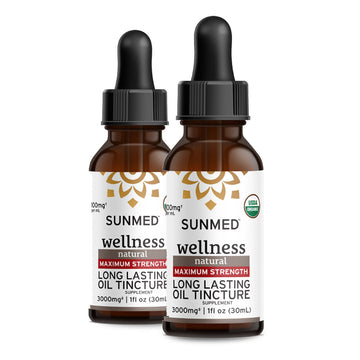 Two brown dropper bottles labeled “Sunmed CBD 3000mg Full Profile Tincture 2-Pack (*20% Off*)” are shown.