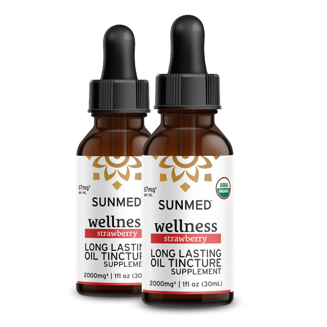 Two bottles of Sunmed CBD *20% Off* - 2000mg Full Profile Tincture 2-Pack supplement with droppers.