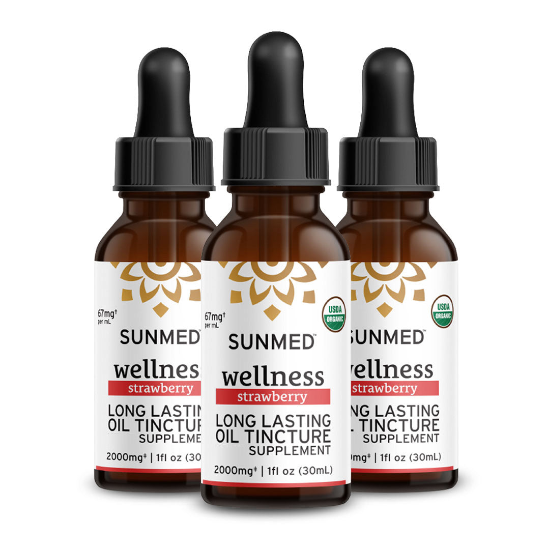 Three bottles of Sunmed CBD *30% Off* - 2000mg Full Profile Tincture 3-Pack, each bottle containing 1 fl oz (30ml).