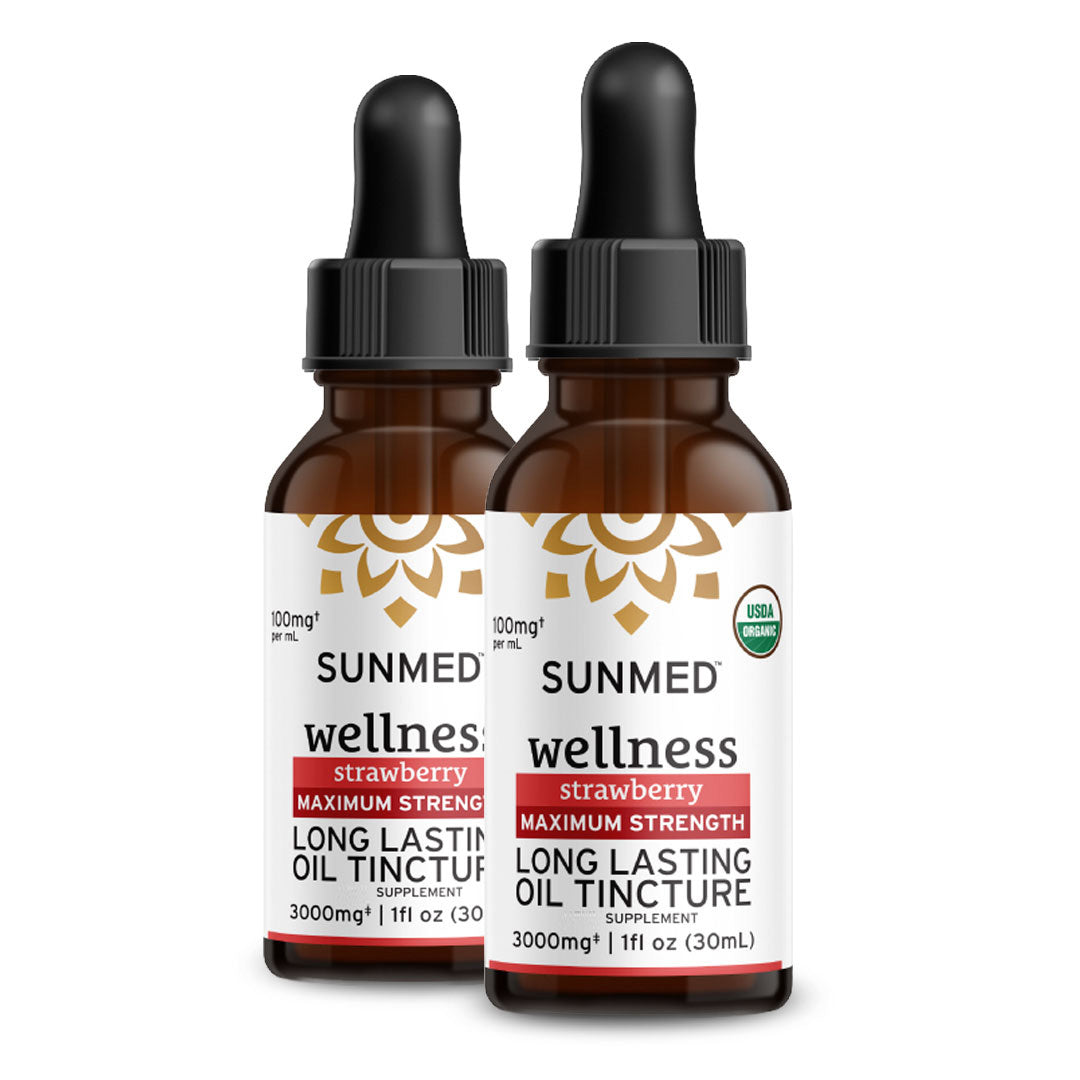 Two brown dropper bottles labeled “Sunmed CBD 3000mg Full Profile Tincture, 1 fl oz, *20% Off* 2-Pack.”.