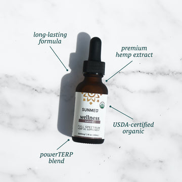 A bottle of Sunmed CBD Organic Full Spectrum CBD Tincture on a marble surface, adorned with descriptions highlighting its hemp-derived cannabinoids and unique PowerTERP™ blend features.