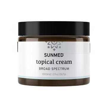 Sunmed CBD Broad Spectrum Relief CBD Cream, labeled "1000mg hemp extract, 2 fl oz (56.7g)," provides all-natural relief in a convenient size.