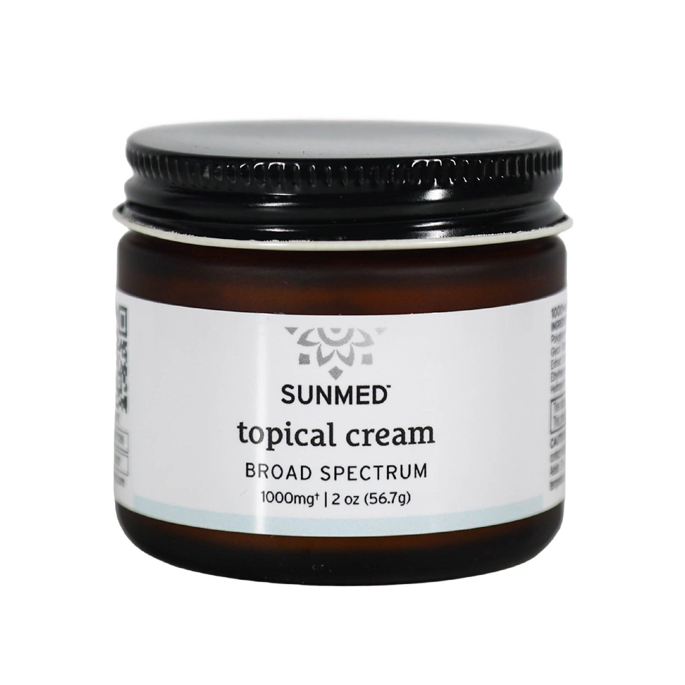 A 2 oz jar of Sunmed CBD Broad Spectrum Relief CBD Cream, 1000mg hemp extract, with a black lid.