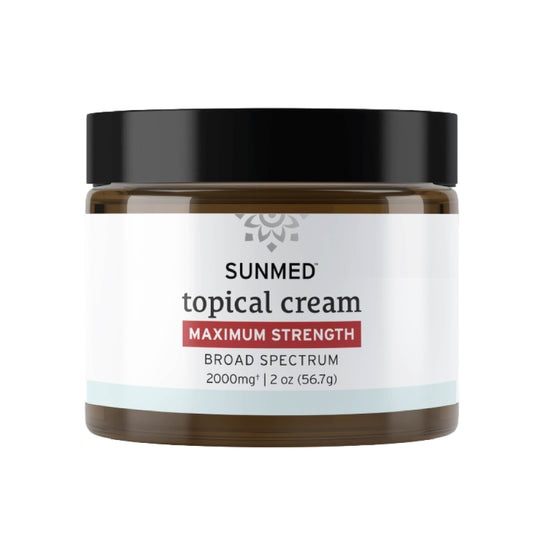 Sunmed CBD Broad Spectrum Relief CBD Cream, maximum strength—2000mg broad spectrum hemp extract in a 2 oz brown jar with black lid—crafted for all-natural relief.