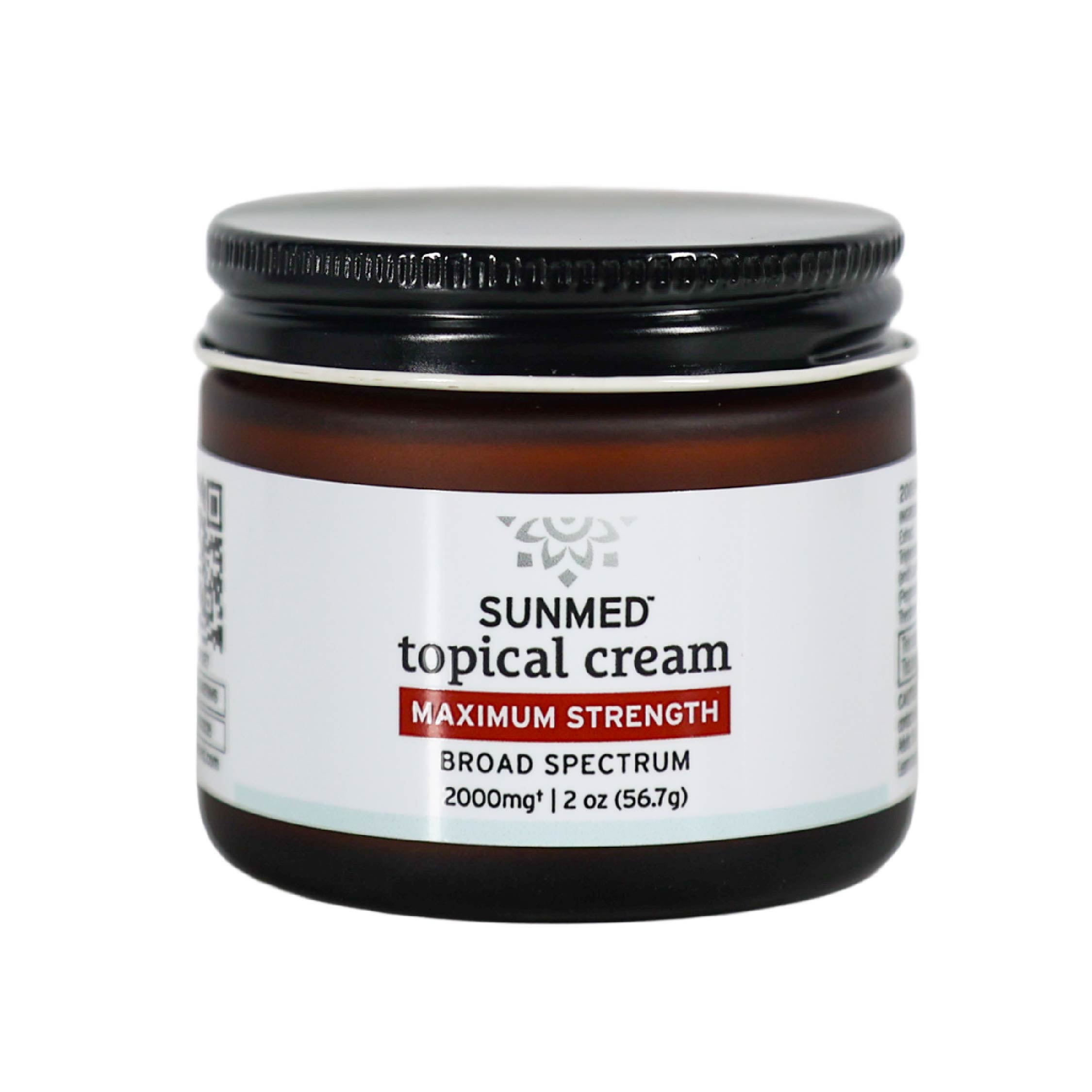 A 2 oz jar of Sunmed CBD Broad Spectrum Relief CBD Cream, maximum strength, 2000mg hemp extract, with a black lid and white label.