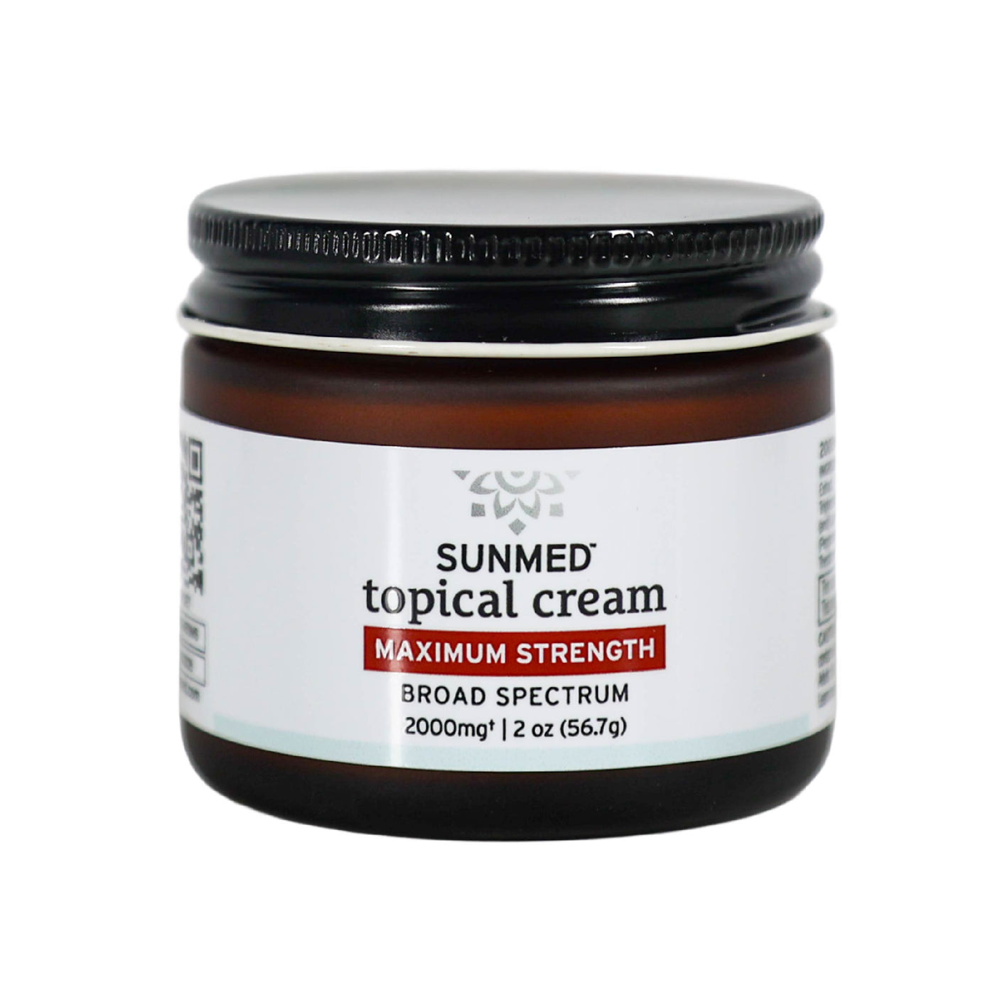 A 2 oz jar of Sunmed CBD Broad Spectrum Relief CBD Cream, maximum strength, 2000mg hemp extract, with a black lid and white label.
