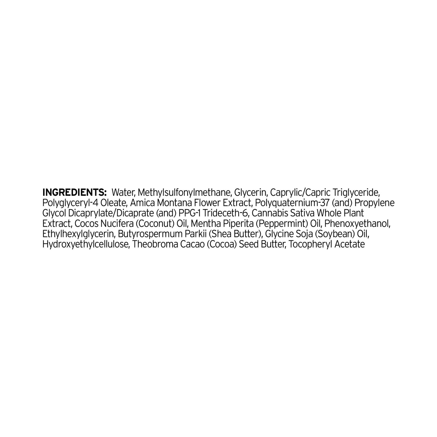 Ingredients for Sunmed CBD's Broad Spectrum Relief CBD Cream are listed in black font on a white background, centered in the image.