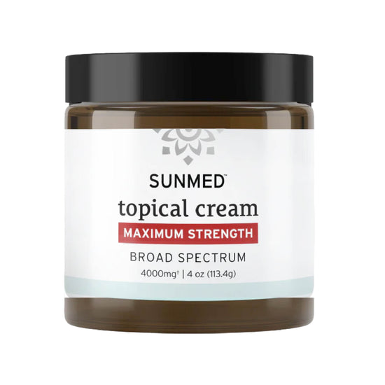 Sunmed CBD Broad Spectrum Relief CBD Cream, Maximum Strength, 4000mg (4 oz) in a brown jar—formulated with hemp extract for natural relief.