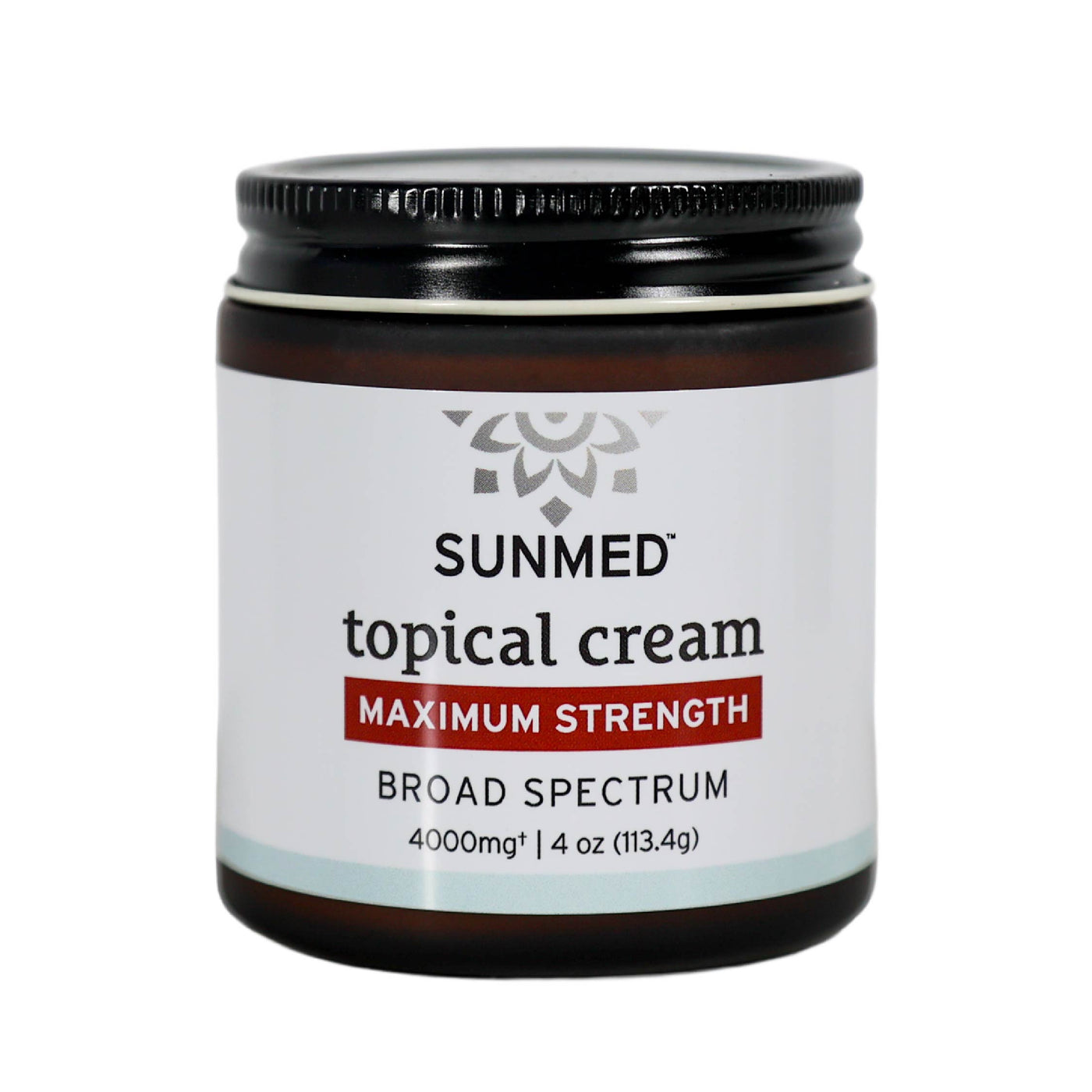 A 4 oz jar of Sunmed CBD Broad Spectrum Relief CBD Cream, maximum strength, contains 4000mg of hemp extract.