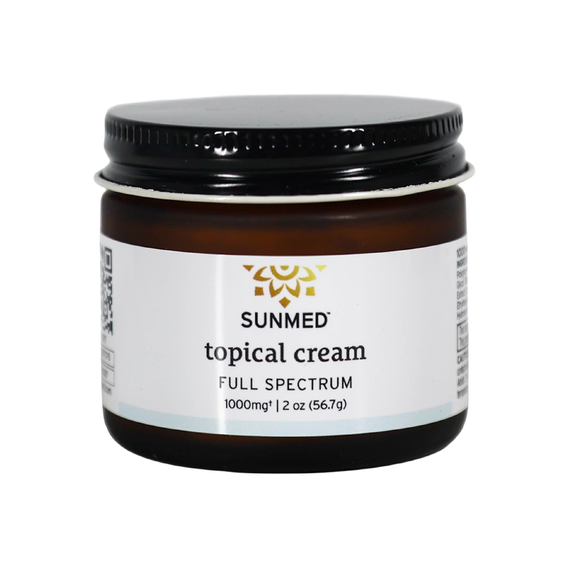 A 2oz jar of Sunmed CBD Full Spectrum Relief CBD Cream, 1000mg, with a black lid and white label—crafted for topical relief using premium hemp extract.